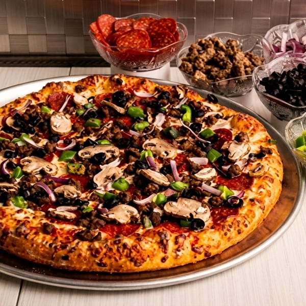 A large pizza with various toppings and bowls of ingredients on a wooden table.