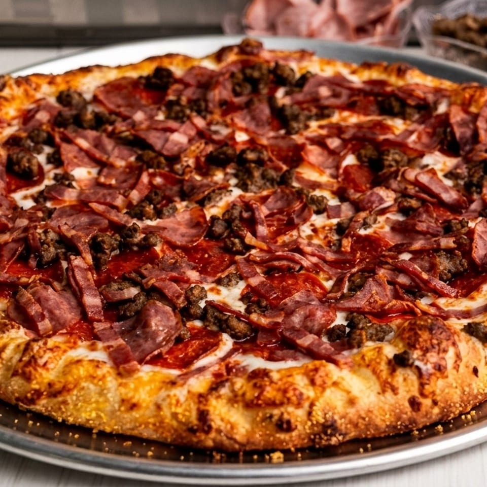 A large, round meat lover's pizza with pepperoni, sausage, and ham on a metal tray.
