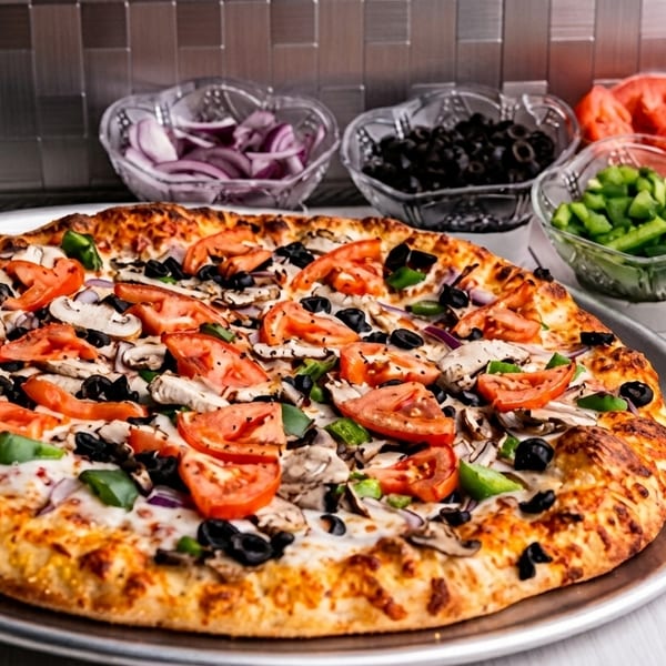 Freshly baked pizza with tomatoes, olives, mushrooms, and peppers, surrounded by bowls of ingredients.