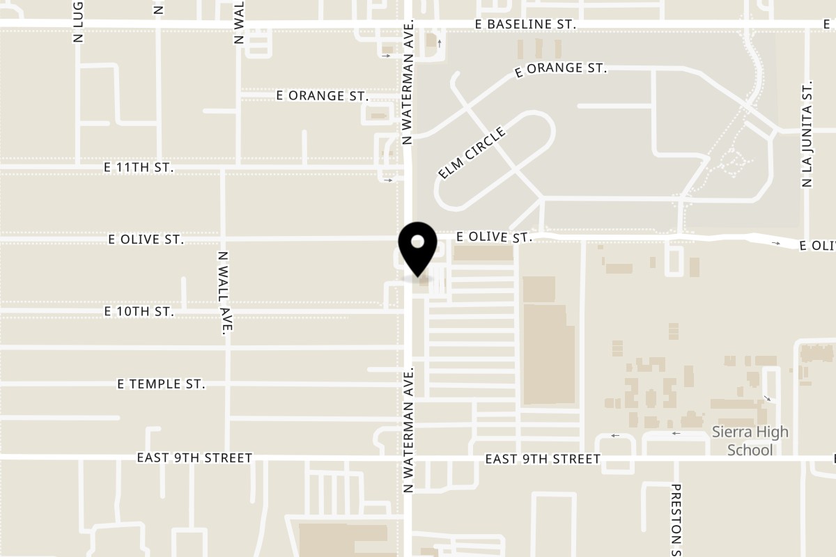 Map showing the location of Golden Pizza and Wings Waterman Ave on 1033 N Waterman Ave Suite A & B in San Bernardino