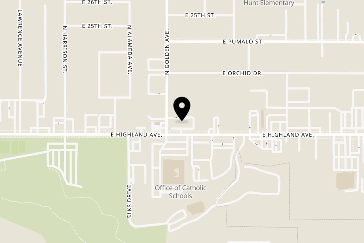 Map showing the location of Golden Pizza and Wings Highland Ave on 1200 E Highland Ave Suite G in San Bernardino